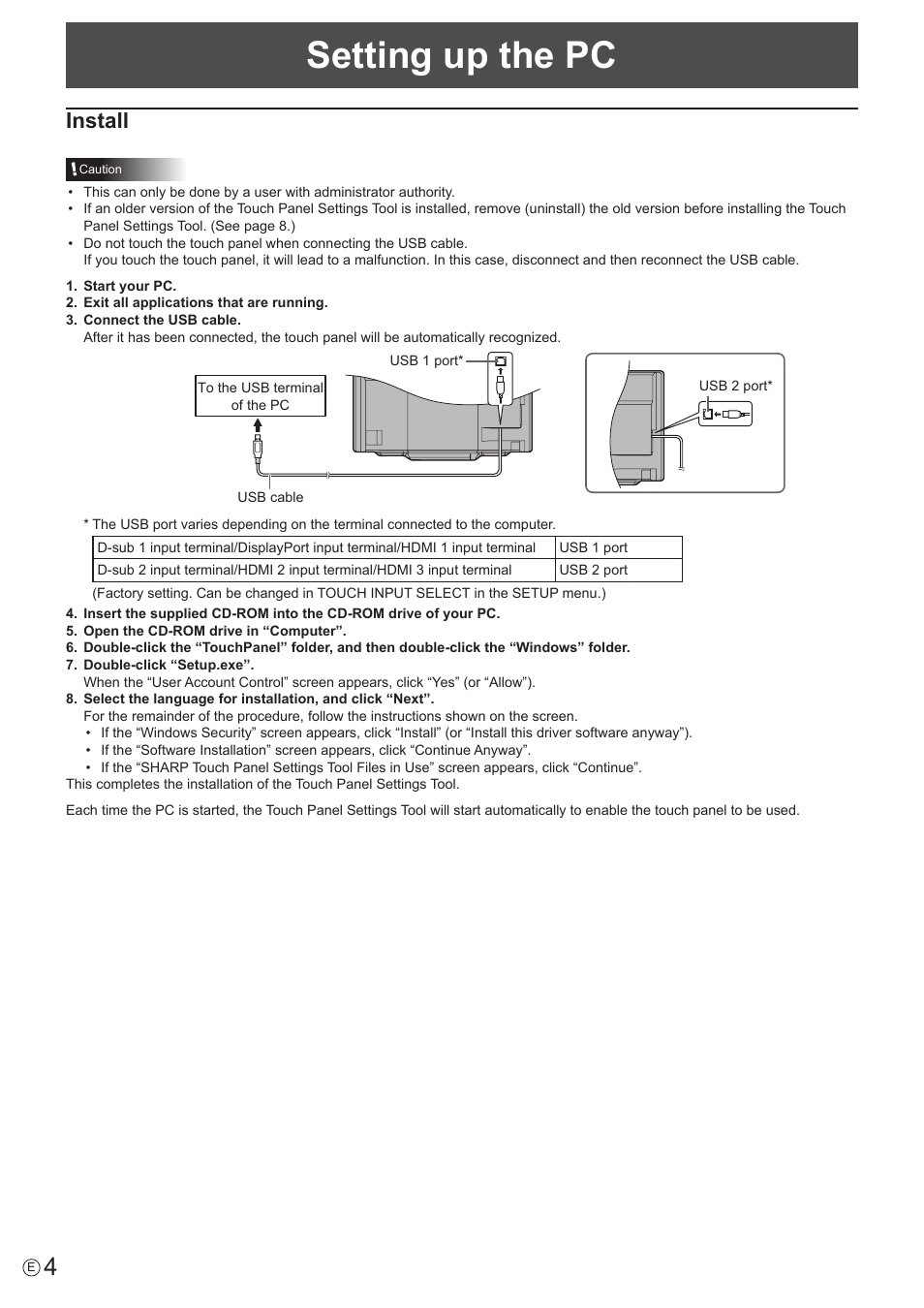 Setting up the pc, Install | Sharp PN-60TW3 User Manual | Page 4 / 9