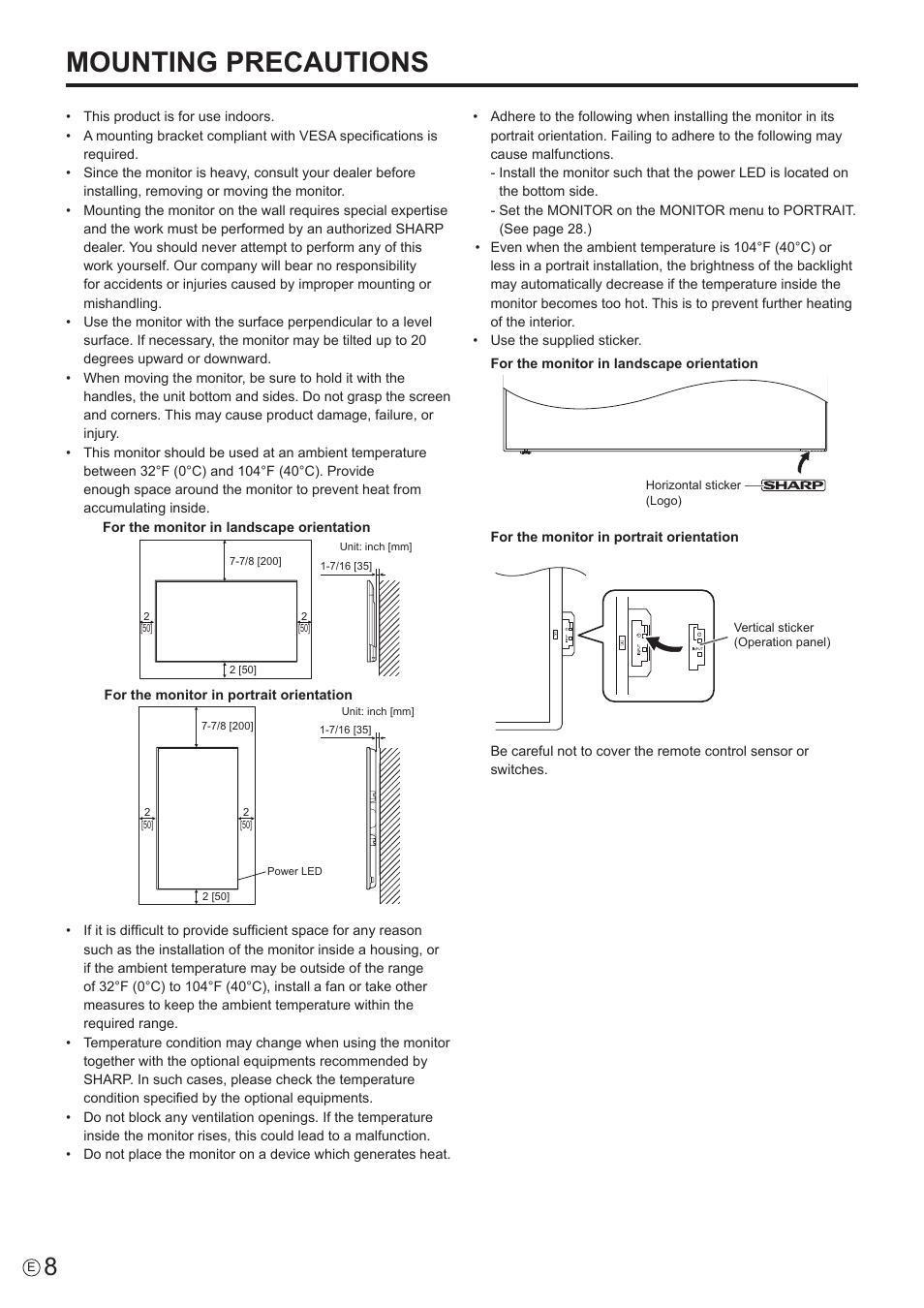 Mounting precautions | Sharp PN-H801 User Manual | Page 8 / 53